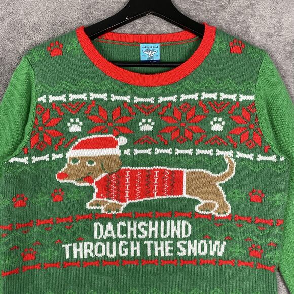 Norther Pole Sweater Mens Large Green Dachshund Through The Snow Ugly Christmas - Picture 2 of 13